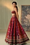 Cedar & Pine_Red Dupion, Brocade, Tulle Foil Printing, Mirrors, Kumkum Block Lehenga Set _Online_at_Aza_Fashions
