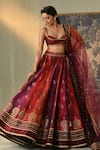 Buy_Cedar & Pine_Red Dupion, Brocade, Tulle Foil Printing, Mirrors, Kumkum Block Lehenga Set _Online_at_Aza_Fashions