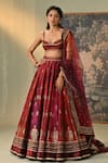 Buy_Cedar & Pine_Red Dupion, Brocade, Tulle Foil Printing, Mirrors, Kumkum Block Lehenga Set _at_Aza_Fashions