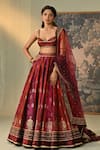 Shop_Cedar & Pine_Red Dupion, Brocade, Tulle Foil Printing, Mirrors, Kumkum Block Lehenga Set _Online_at_Aza_Fashions
