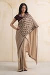 Buy_Neelu And Manvi_Beige Satin, Georgette, Organza Floral Blouse And Weave Pallu Saree Set _at_Aza_Fashions