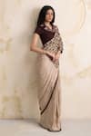 Shop_Neelu And Manvi_Beige Satin, Georgette, Organza Floral Blouse And Weave Pallu Saree Set 