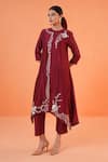 Buy_Origani_Maroon Chanderi Silk Embroidery Round Neck, Split Asymmetrical Kurta With Pant _Online_at_Aza_Fashions