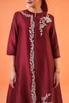Shop_Origani_Maroon Chanderi Silk Embroidery Round Neck, Split Asymmetrical Kurta With Pant _Online_at_Aza_Fashions