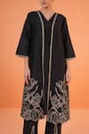 Buy_Origani_Black Chanderi Silk Embroidery V-neck Jacket Kurta Set _Online_at_Aza_Fashions