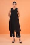 Shop_Origani_Black Chanderi Silk Embroidery V-neck Jacket Kurta Set _Online_at_Aza_Fashions