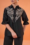 Shop_Origani_Black Chanderi Silk Embroidery Collared Thread Shirt _Online_at_Aza_Fashions