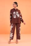 Shop_Origani_Brown Chanderi Silk Applique, Embroidery Collared Shirt With Pant _Online_at_Aza_Fashions