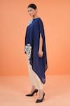 Origani_Blue Chanderi Silk Applique, Embroidery Round Neck Kaftan And Pant Set _at_Aza_Fashions