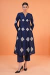 Buy_Origani_Navy Chanderi Silk Embroidery Split V-neck Kurta And Pant Set _at_Aza_Fashions