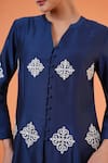 Origani_Navy Chanderi Silk Embroidery Split V-neck Kurta And Pant Set _Online