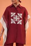 Origani_Maroon Chanderi Silk Applique, Embroidery Collared Resham Kurta And Pant Set _at_Aza_Fashions
