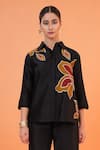 Origani_Black Chanderi Silk Applique, Embroidery Collared Resham Shirt And Pant Set _at_Aza_Fashions