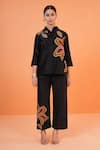 Origani_Black Chanderi Silk Applique, Embroidery Collared Resham Floral Shirt _Online_at_Aza_Fashions