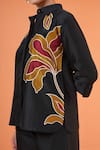 Shop_Origani_Black Chanderi Silk Applique, Embroidery Collared Resham Floral Shirt _Online_at_Aza_Fashions