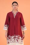 Shop_Origani_Maroon Chanderi Silk Embroidery V-neck Resham Applique Kurta Set _Online_at_Aza_Fashions