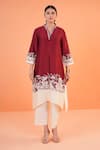 Origani_Maroon Chanderi Silk Embroidery V-neck Resham Applique Kurta Set _at_Aza_Fashions