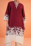 Shop_Origani_Maroon Chanderi Silk Embroidery V-neck Resham Applique Kurta Set 
