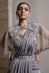Presto Couture_Grey Georgette Beads, Crystals, 3d Embroidered Pre-draped Saree And Cape Set _Online_at_Aza_Fashions