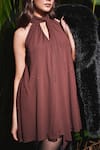 Shop_Sonam Parmar Jhawar_Brown Lycra Crystals Halter , Keyhole Nicole Embellished Dress _at_Aza_Fashions