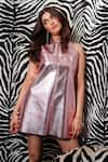 Shop_Sonam Parmar Jhawar_Pink Faux Leather Halter Neck Britney Sleeveless Dress _at_Aza_Fashions