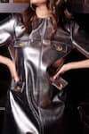 Buy_Sonam Parmar Jhawar_Grey Faux Leather Round Neck Izzy Front Pocket Dress _Online_at_Aza_Fashions