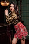 Shop_Sonam Parmar Jhawar_Green Cotton, Silk, Net Sequins, Embroidery Rosette Shirt And Floral Skirt Set _at_Aza_Fashions
