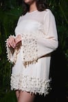 Sonam Parmar Jhawar_Beige Cotton, Knit Pearls Round Neck Monica Embellished Short Dress _Online_at_Aza_Fashions