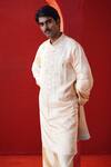 AUGUST by Swati Akash Jhunjhunwala_Beige Satin, Linen Embroidery, Mirrors Kurta Pant Set _Online_at_Aza_Fashions