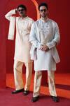 Shop_AUGUST by Swati Akash Jhunjhunwala_Beige Satin, Linen Embroidery, Mirrors Kurta Pant Set _Online_at_Aza_Fashions