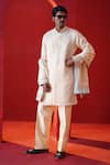 Buy_AUGUST by Swati Akash Jhunjhunwala_Beige Satin, Linen Embroidery, Mirrors Kurta Pant Set _at_Aza_Fashions