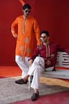Buy_AUGUST by Swati Akash Jhunjhunwala_Orange Satin, Linen Zari, Embroidery Palm Tree Kurta Set _Online_at_Aza_Fashions