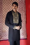 Shop_AUGUST by Swati Akash Jhunjhunwala_Black Satin, Polyester Embroidery, Metallic Thread Abstract Kurta Set _at_Aza_Fashions