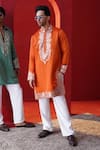 Buy_AUGUST by Swati Akash Jhunjhunwala_Orange Satin, Linen Applique, Embroidery Leather Kurta Set _at_Aza_Fashions