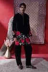 Shop_AUGUST by Swati Akash Jhunjhunwala_Black Velvet Embroidery Rose Kurta Set _at_Aza_Fashions