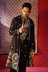 Shop_AUGUST by Swati Akash Jhunjhunwala_Black Satin, Linen Mirrors, Embroidery Kurta Set _at_Aza_Fashions