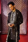 Shop_AUGUST by Swati Akash Jhunjhunwala_Black Satin, Linen Mirrors, Embroidery Kurta Set _Online_at_Aza_Fashions