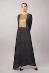 Abraham And Thakore_Black Viscose, Crepe Sequins Round Neck Embellished And Dot Print Kaftan _Online_at_Aza_Fashions