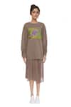 Buy_Huemn_Brown Silk, Cotton Fleece Round Embroidered Sweatshirt And Skirt Set _at_Aza_Fashions
