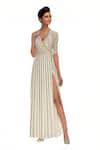 Buy_Huemn_White Silk Cutdana, Beads Notched Round Embellished Wrap Gown _at_Aza_Fashions