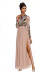 Buy_Huemn_Pink Silk Cutdana, Beads Notched Round Hand Embroidered Floral Sequins Gown _at_Aza_Fashions