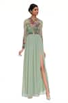 Buy_Huemn_Green Silk Georgette Sequins Round Embellished Gown _at_Aza_Fashions