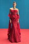 Shop_Mishru_Red Tulle Sequins, Embroidery Bandeau Neck Kate Embellished Corset Lehenga Set _Online_at_Aza_Fashions