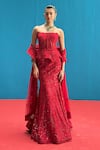 Mishru_Red Tulle Sequins, Embroidery Bandeau Neck Kate Embellished Corset Lehenga Set _at_Aza_Fashions