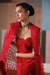 Buy_Mishru_Red Organza Sequins, Embroidery Sweetheart Neck, Open Cheryl Gown With Cape _Online_at_Aza_Fashions