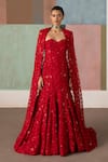 Buy_Mishru_Red Organza Sequins, Embroidery Sweetheart Neck, Open Cheryl Gown With Cape 