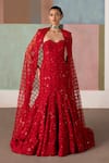 Buy_Mishru_Red Organza Sequins, Embroidery Sweetheart Neck, Open Cheryl Gown With Cape _at_Aza_Fashions