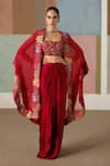 Buy_Mishru_Red Tulle, Satin Embroidery Open , Square Lea Cape Draped Skirt Set _at_Aza_Fashions