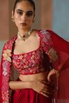 Mishru_Red Tulle, Satin Embroidery Open , Square Lea Cape Draped Skirt Set _at_Aza_Fashions