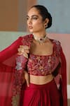 Buy_Mishru_Red Tulle, Satin Embroidery Open , Square Lea Cape Draped Skirt Set 
